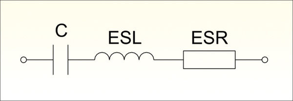 Схематичный эквивалент реального конденсатора демонстрирует паразитное сопротивление